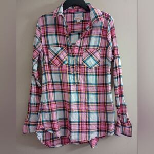 Merona Pink Plaid Form Fitting Long Sleeve Semi Sheer Shirt Size Small
